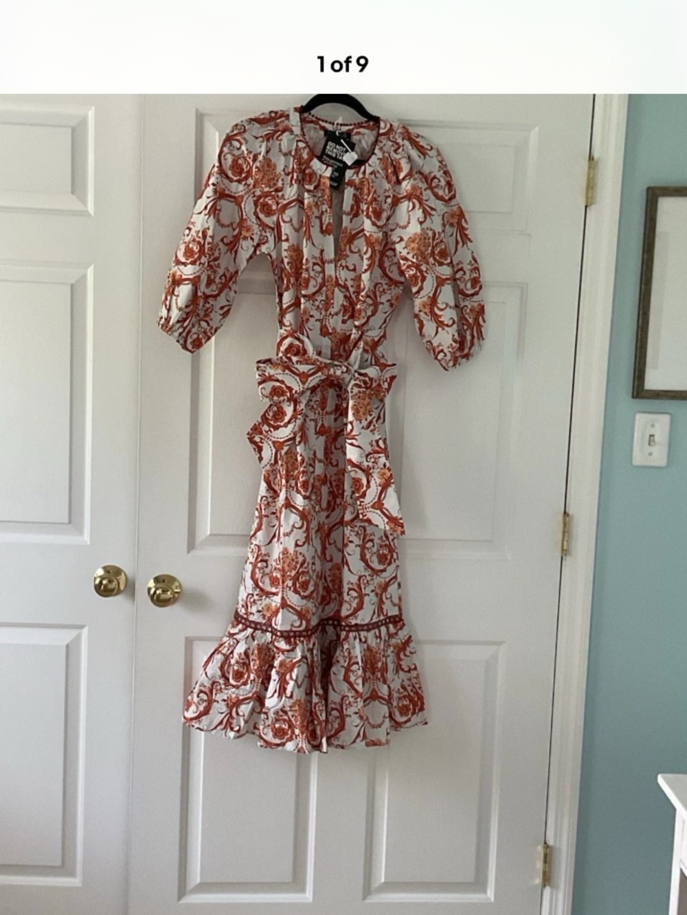 Trish Scully A-Line Midi Dress XS White Orange Floral V- Neck 3/4 Puff Pockets